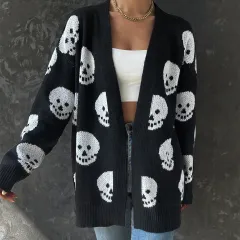 Women's Fashion Casual Halloween Skull Jacquard Knitted Long Sleeve Cardigan - Black - View 1