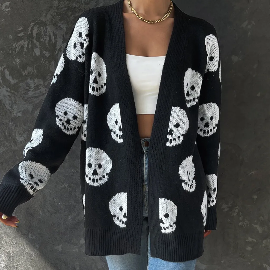 Women's Fashion Casual Halloween Skull Jacquard Knitted Long Sleeve Cardigan - Black