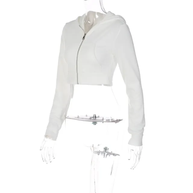 Women's Fashion Cardigan Zipper Hooded Slim Short Crop Long Sleeve Top White - Shop at LoveMi