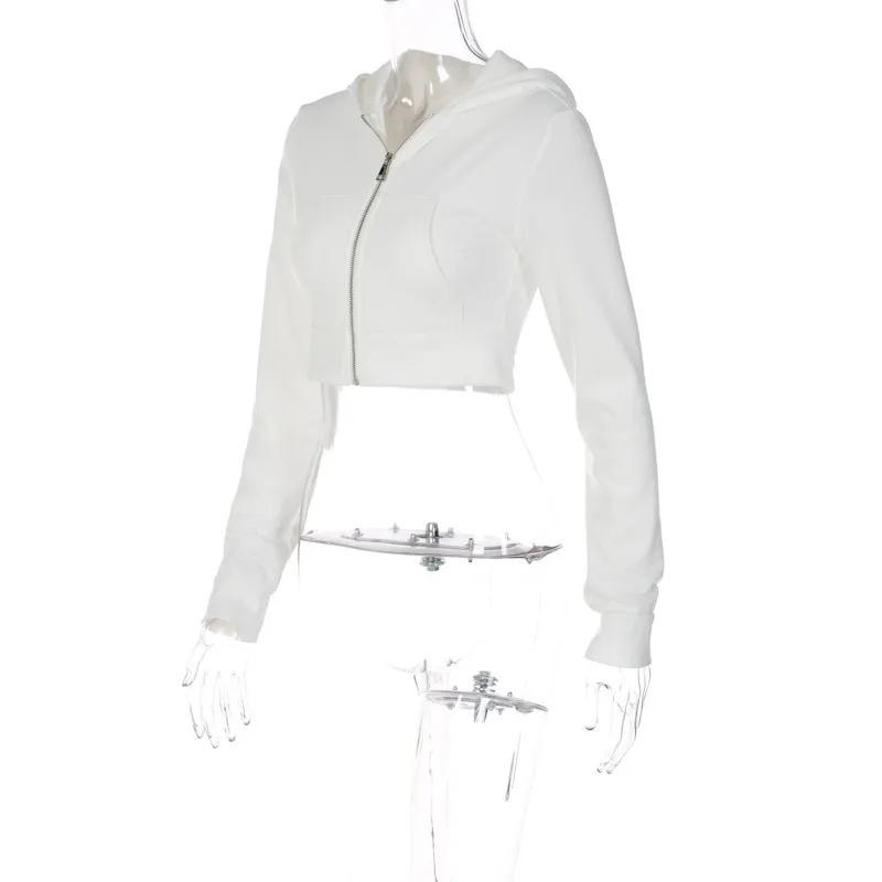 Women's Fashion Cardigan Zipper Hooded Slim Short Crop Long Sleeve Top - White