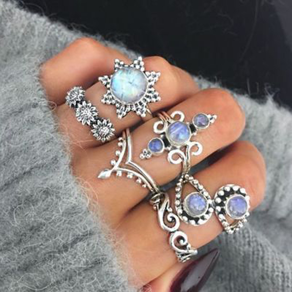 Sun Flower Crown Opal Hollow Flower 6-piece Set Ring Joint Ring Combination