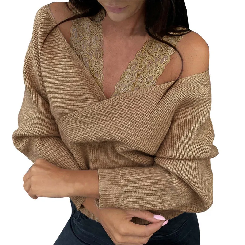 Women's Off-Shoulder Lace Trim Top, Slim Fit Long Sleeve Sexy Y2K Blouse - Khaki