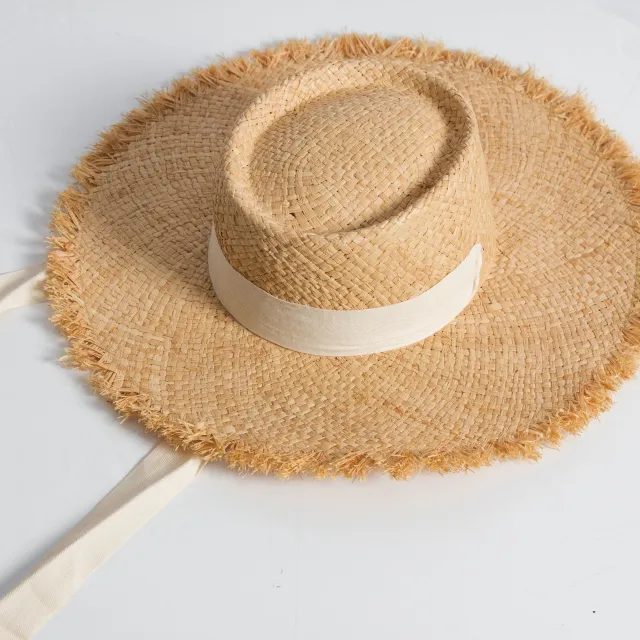 Raffia Grass Flat Top Raw Edge Binding Neck Sun Visor Hat Hand Braided Grass Hat White - Shop at LoveMi