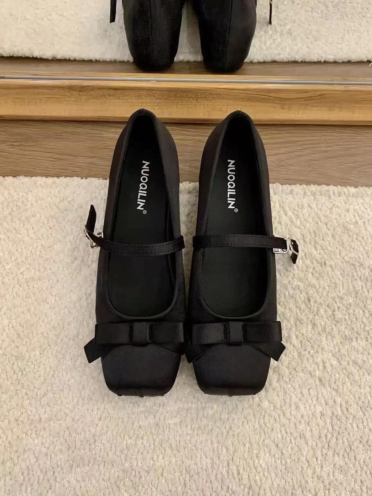 Women French Gentle Satin Ribbon Bow Mary Jane Flats, Square Toe Single Mini Buckle Shiny Silk Casual Daily Wedding Doll Ballet Shoes