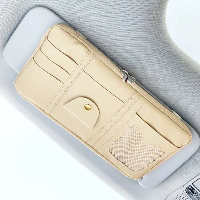 Car Sun Visor Organizer, PU Leather Zippered Holder for Registration, Cards, Pens and Sunglasses - detail photo 3