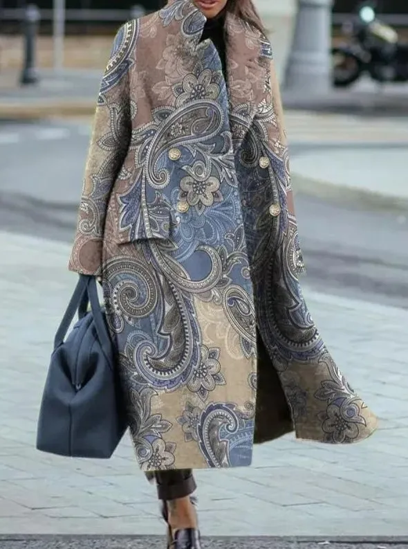 Long Wool Coat With Printed Patterns, Figure hugging, Professional, With Pockets, Notched Collar, Loose Fit Cashew Flower - Shop at LoveMi
