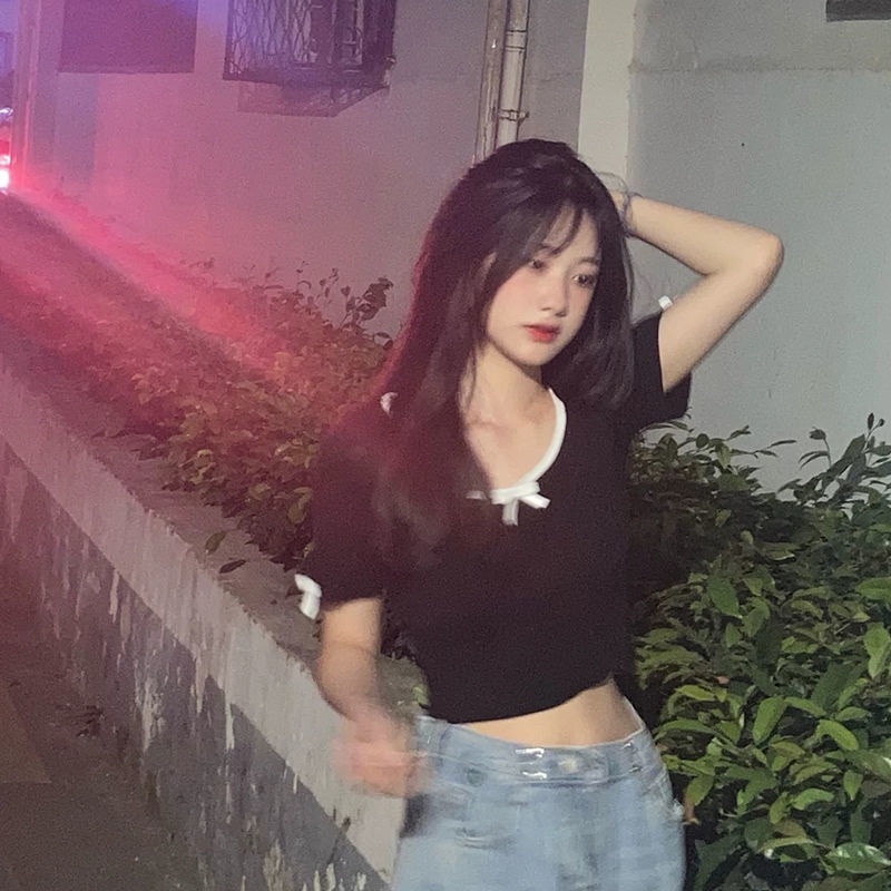 Careful Machine Bow Cotton T-shirt Women's New Style