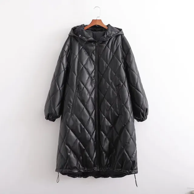 Commuter Light Cooked Style Rhombus Line Imitation Leather Coat Black - Shop at LoveMi