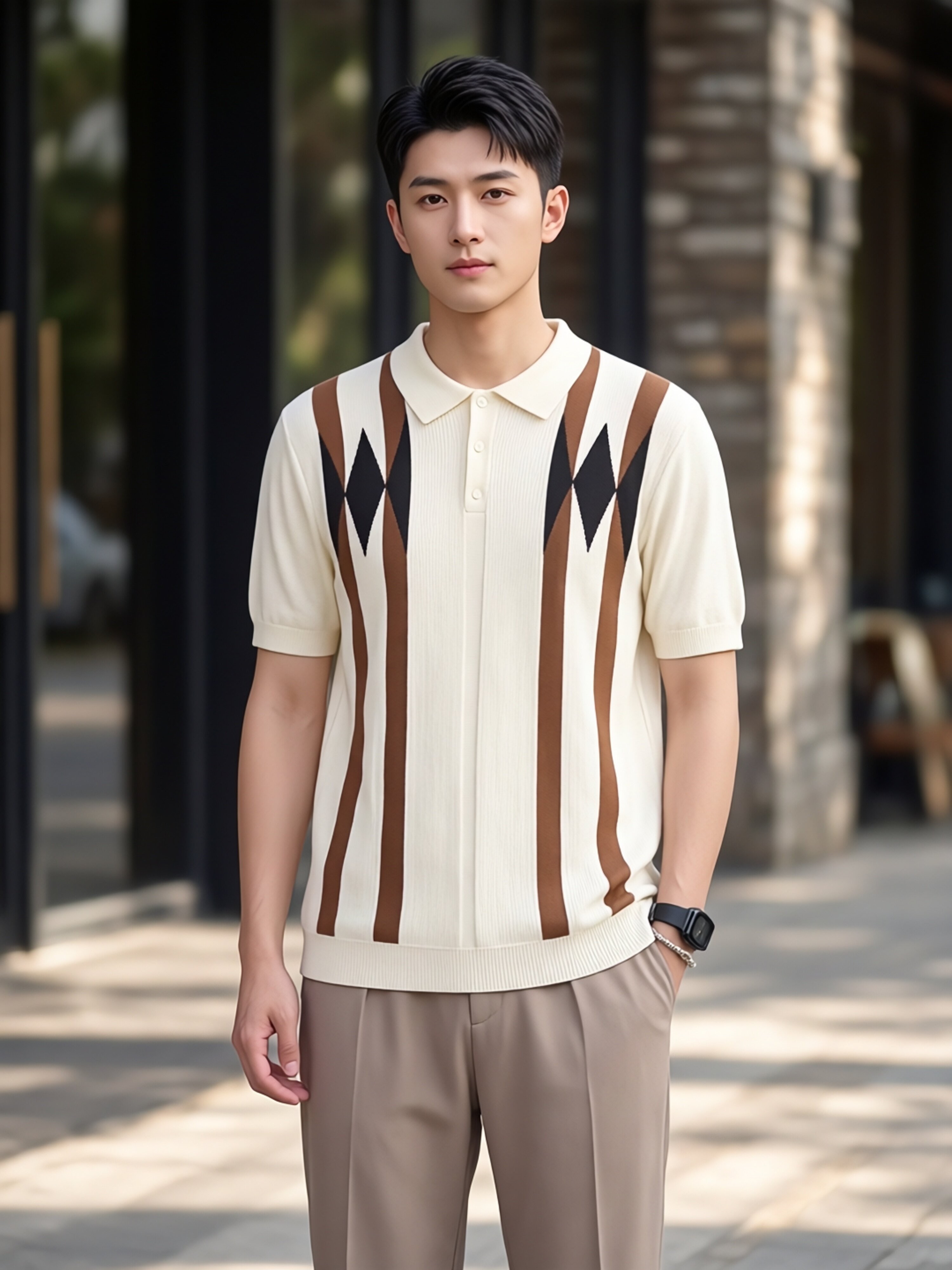 Cross-border Old Money Style Men's Argyle Ice Silk Knitted Polo Shirt, Color-block Casual Men's Paul T-shirt