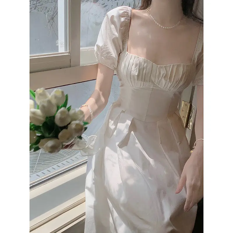 Women's Square Neck White Dress High Waist