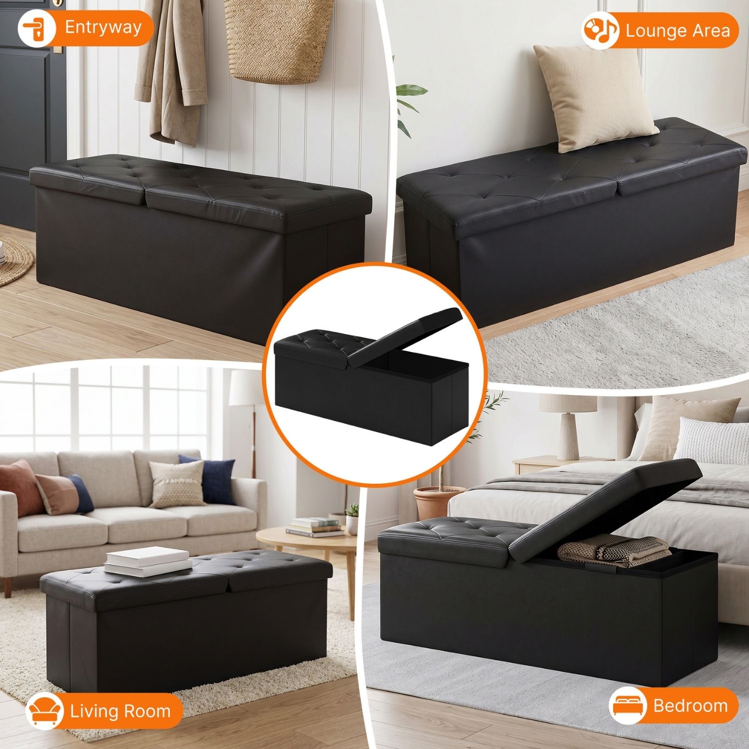 Folding Storage Ottoman, Compact Flip-Top Ottoman With Divider, Padded PVC Seat, Space-Saving Footrest Stool For Bedroom, Entryway, Living Room image 10