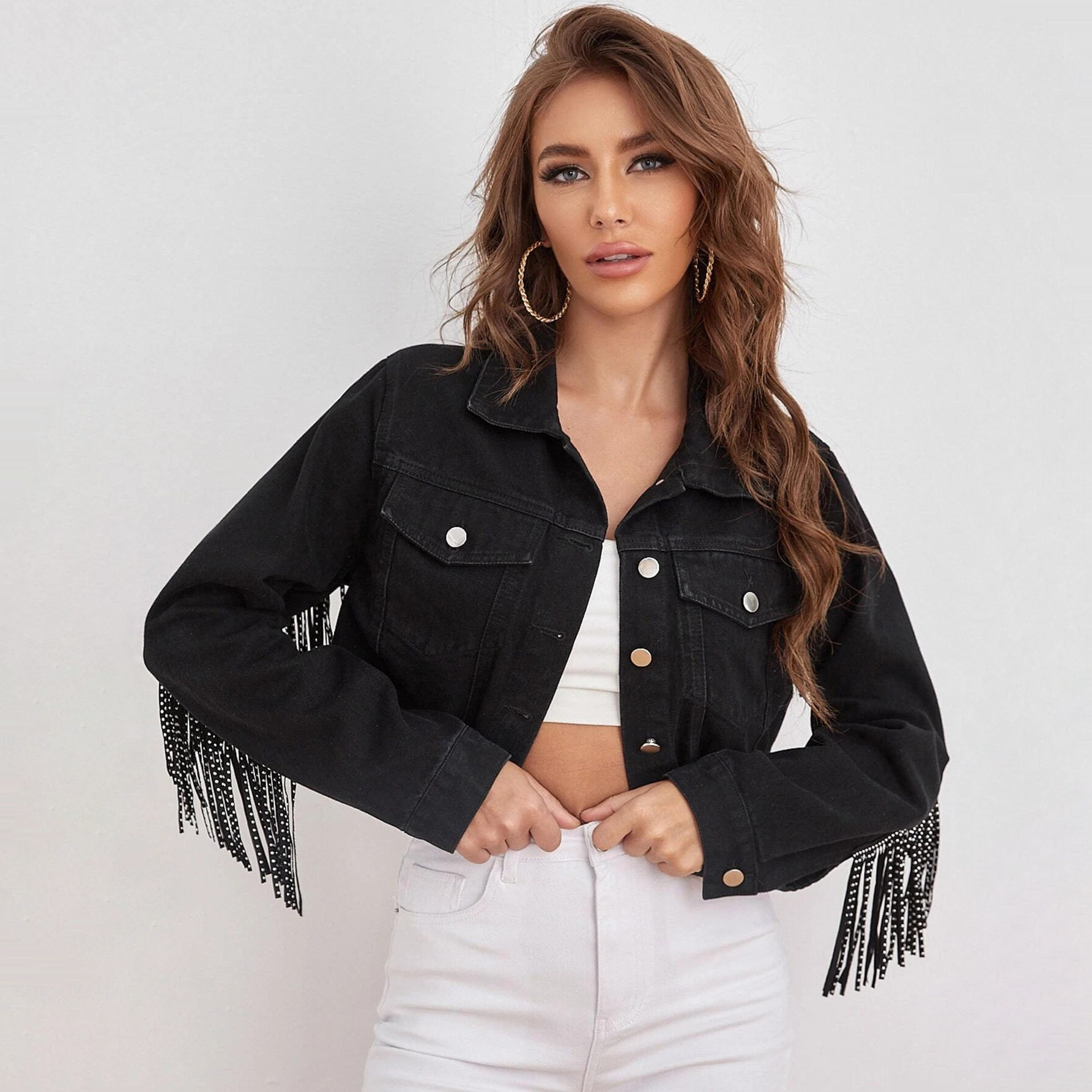 Women's Fashion Tassel Raw Edge Denim Jacket Black - Shop at LoveMi