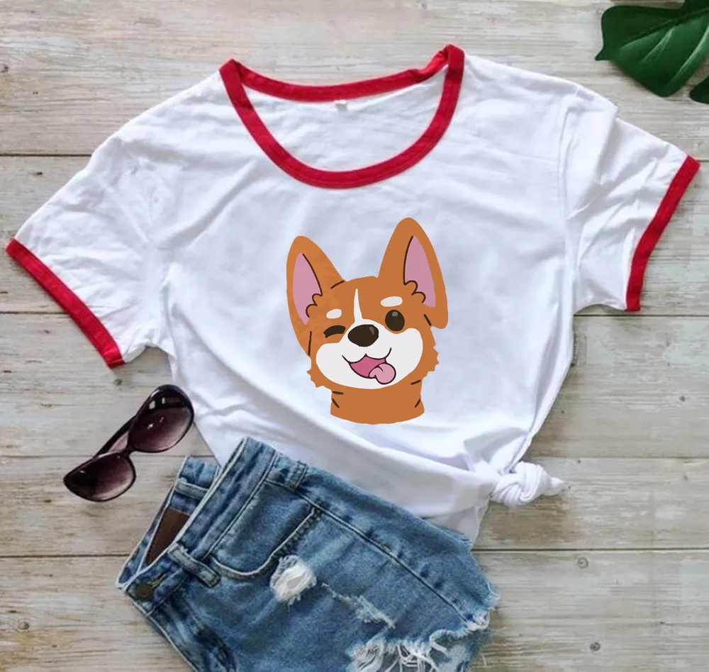 Animal Dog Print Short-sleeved T-shirt - Red Edge White