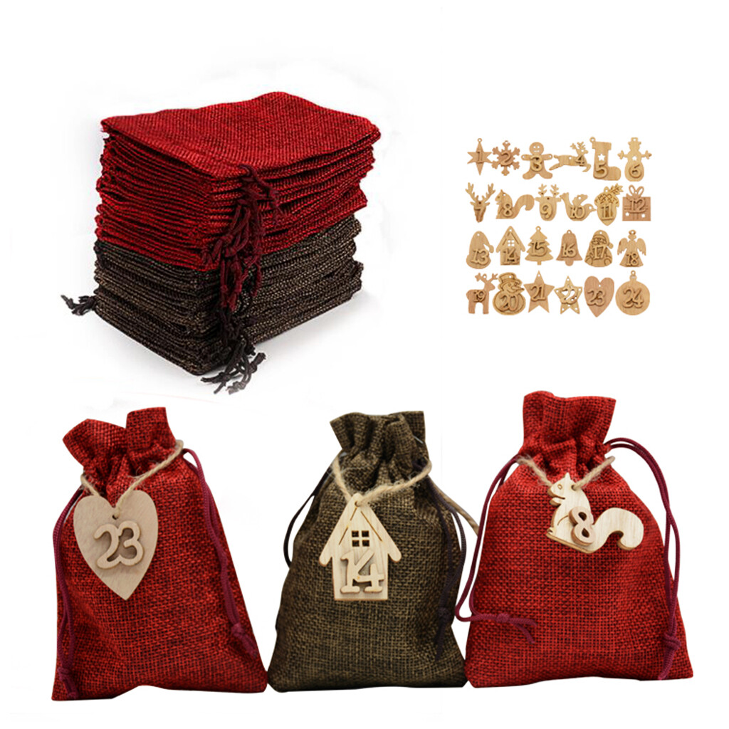 24 Pieces Christmas Advent Calendar Bags With Clips And String -Festive DIY Countdown Gift Bags For Candies, Toys And Holiday Decorations, Numbered From 1 To 24, Featuring Santa, Snowmen And Gingerbr