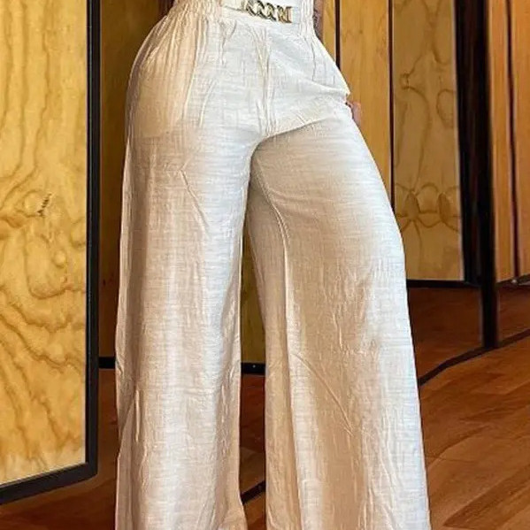 Title 5, Solid White Wide-leg High-waisted Trousers, loo...