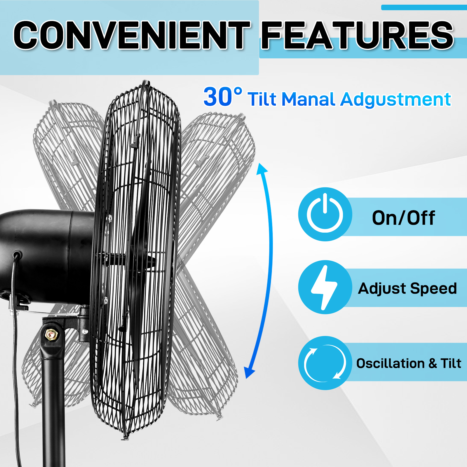 20 Inch Oscillating Pedestal Floor Fan, 5000 CFM High Velocity Standing Fan With BLDC Copper Motor, 4 Speeds Adjustable Height & Tilt Aluminum Blades Metal Industrial Fan For Garage Workshop Comm — foto 8