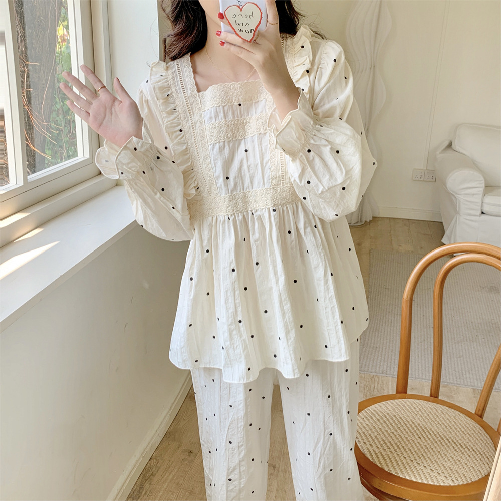 Title 7, Sweet Polka Dot Lace Cotton Cute Long Sleeve Pa...