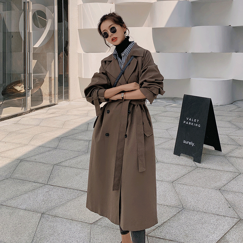 Suit Collar Double-breasted Long Trench Coat With Waist And Back Cross