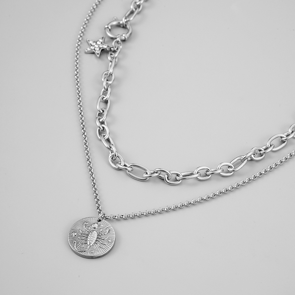 Stainless Steel Round Sign Scorpion Pendant Double Stacked Necklace