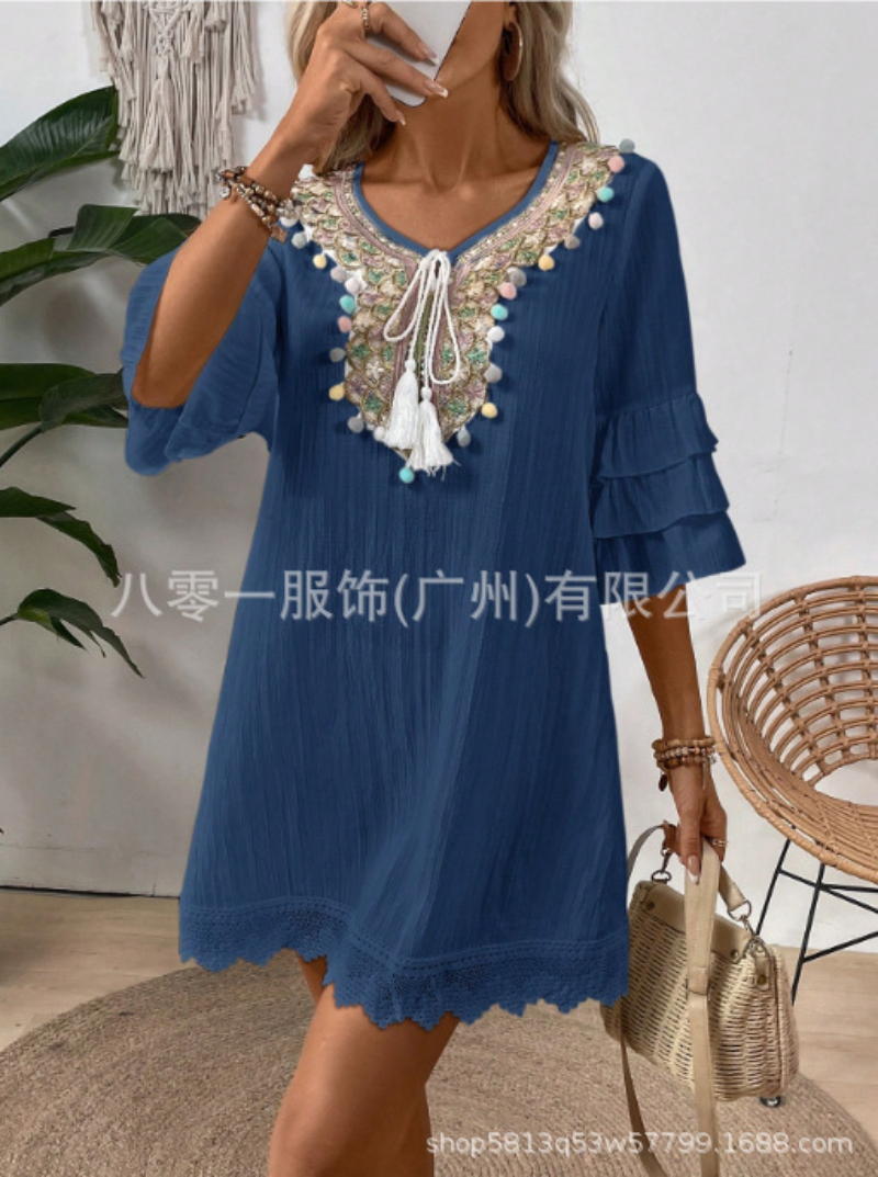 Women's Seaside Holiday Dress Bohemian Beach Dress Fairy Ethnic Style Embroidered Lantern Sleeve Style Long Swing Skirt