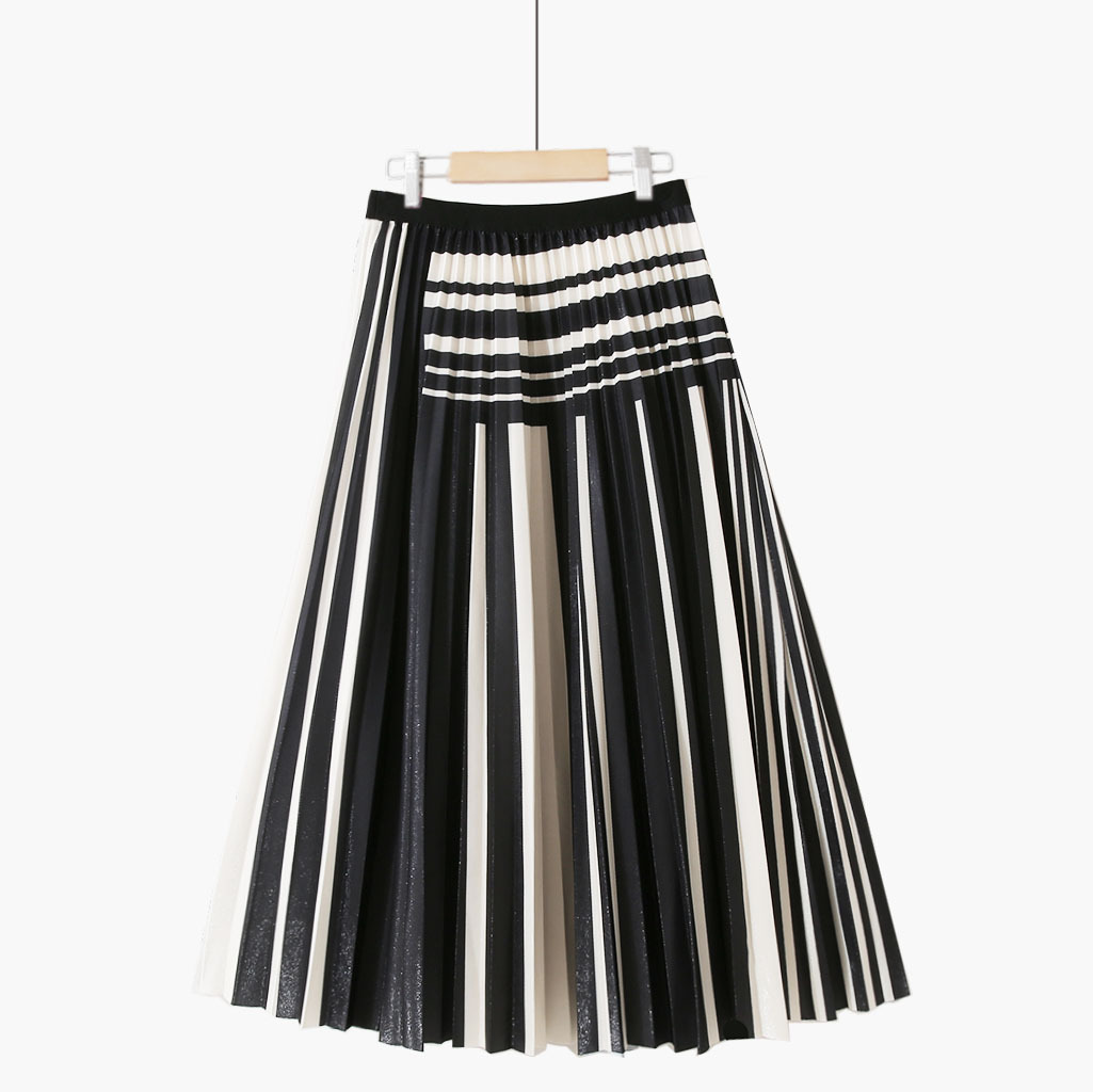 Simple Houndstooth Solid Color Stitching Contrast Color Pleated Skirt