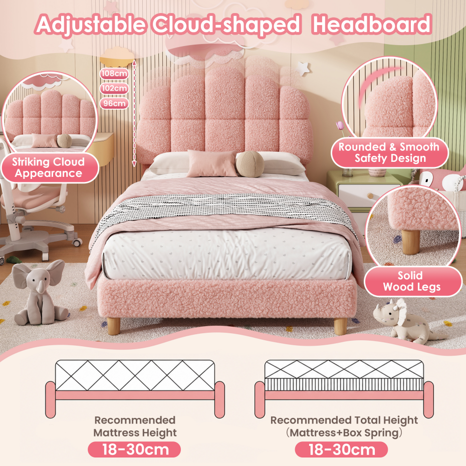 3ft Single Boucle Upholstered Bed Frame With Cloud Shaped Headboard, Adjustable Headboard & Solid Wood Legs, Sturdy Supp
