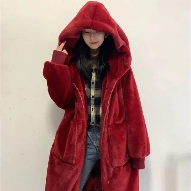 Rex Rabbit Fur Thickened Long Hooded Fur Coat Women - Wine Red