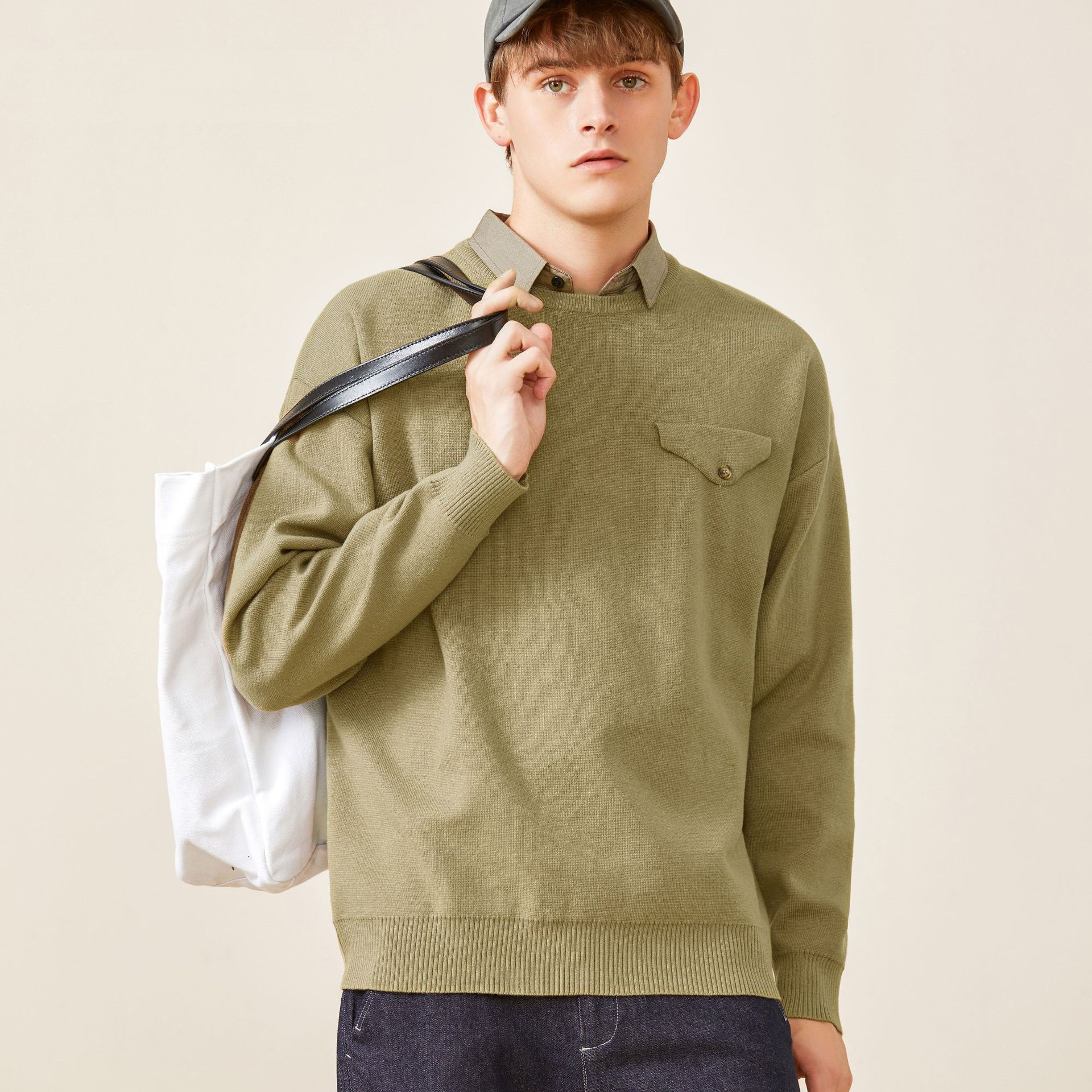 Youth Simple Everyday Fake Pocket Decorated Sweater Men