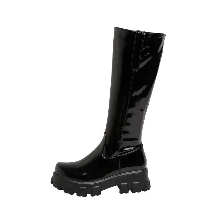 Women Knee High Boots Wedges High Heels Platform Lace Up Plush Inside Warm Fur - Black