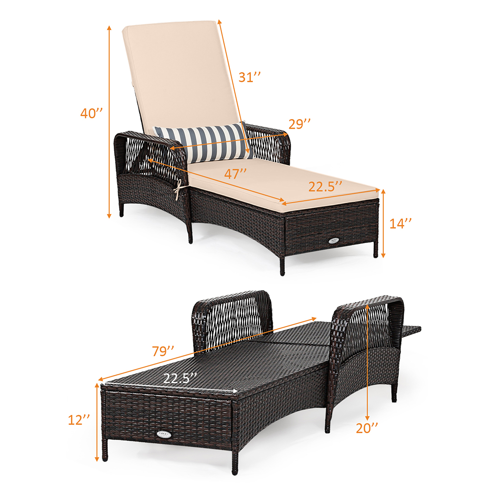 Outdoor Patio Wicker Chaise Lounge Chair With Adjustable Backrest And Pillow Of Up400lbs Foryard, Lawn, Poolside, Beach, Or Balcony