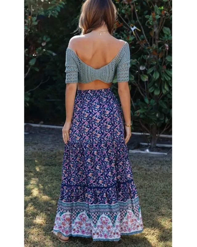 Printed elastic waist tie all match women's skirt Dark Blue - Shop at LoveMi