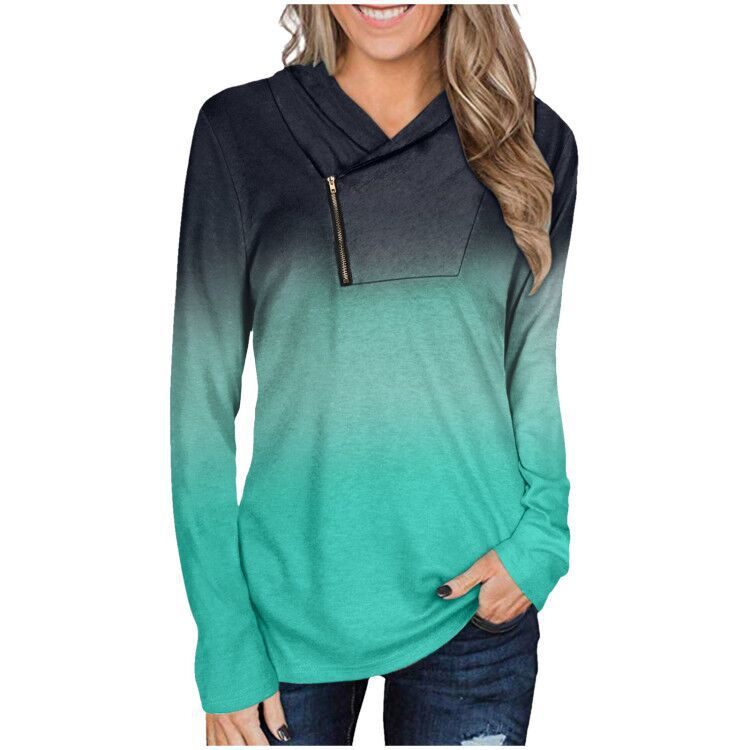 V-neck Zipper Print Gradient Long-sleeved T-shirt