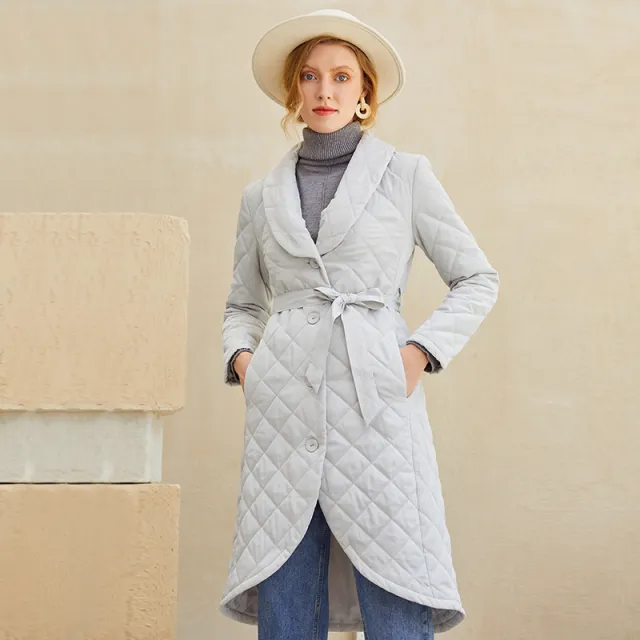 Single breasted Temperament Women's Silver Warm Cotton Coat Mid length Slim Coat Silver Gray Waist Gray - Shop at LoveMi