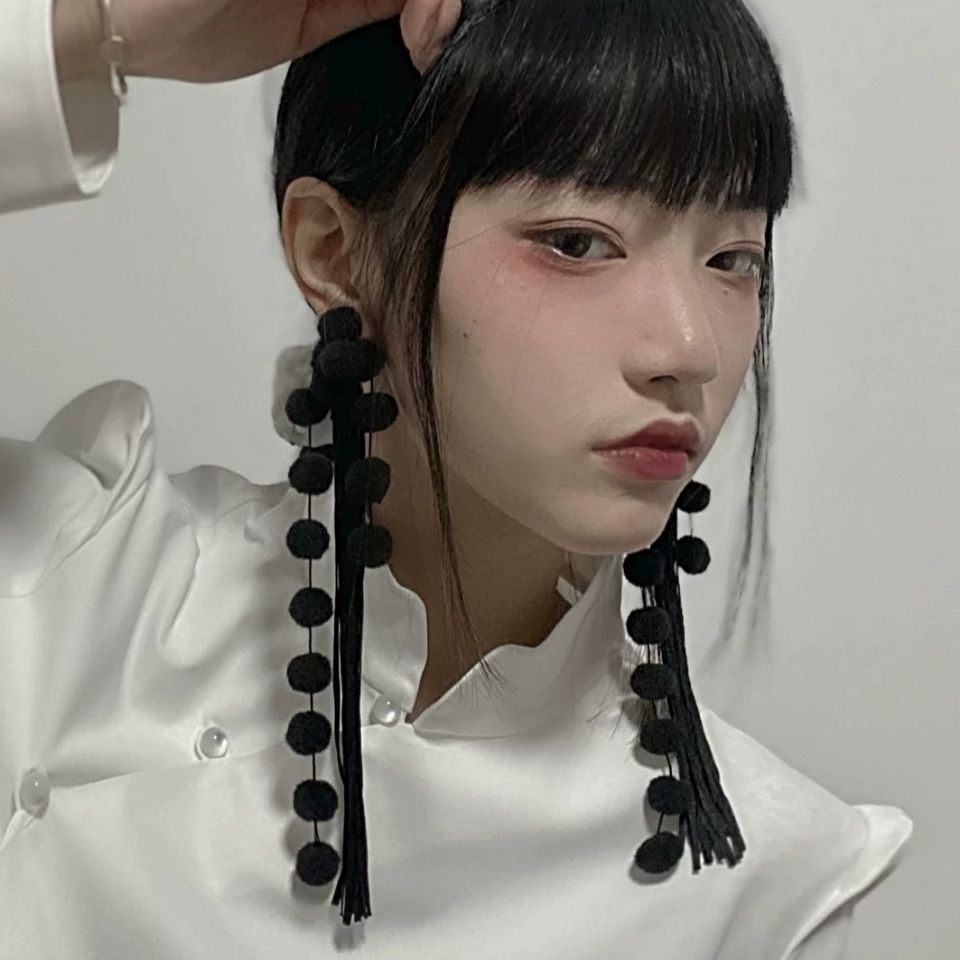 Black And White Hairball Ball Exaggerated Long Tassel Sterling Silver Earrings