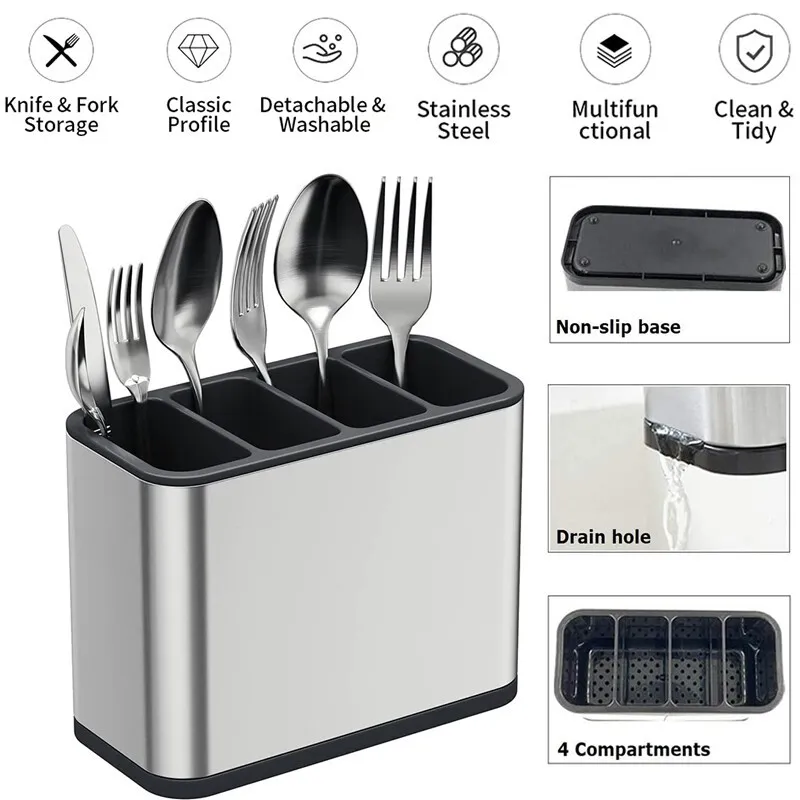 Stainless Steel Cutlery Holder with Drainer