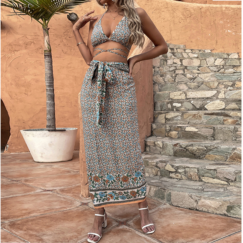 Original Print Fashion Topless Lace-Up Slim Dress Suit