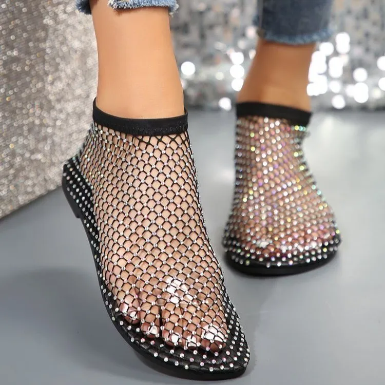 New Hollow Flat Sandals With Rhinestone Design Summer Fashion Round Toe Shoes For Women - Black