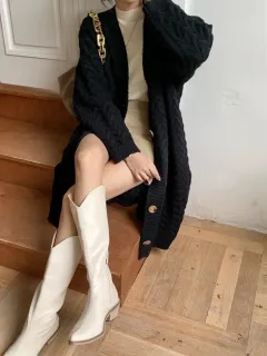 Retro Twist New Loose Large Version Lazy Style Long Thick Knitted Cardigan - Black - View 1