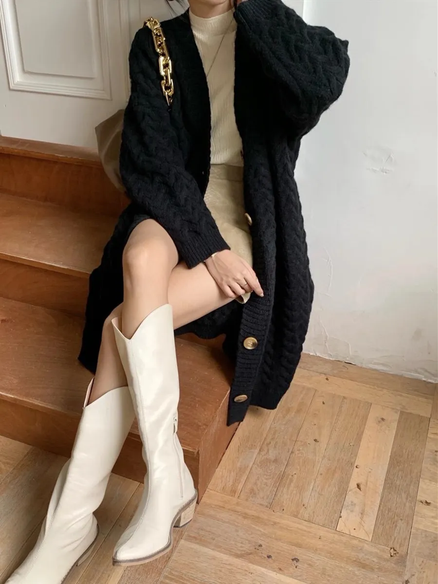 Retro Twist New Loose Large Version Lazy Style Long Thick Knitted Cardigan - Black