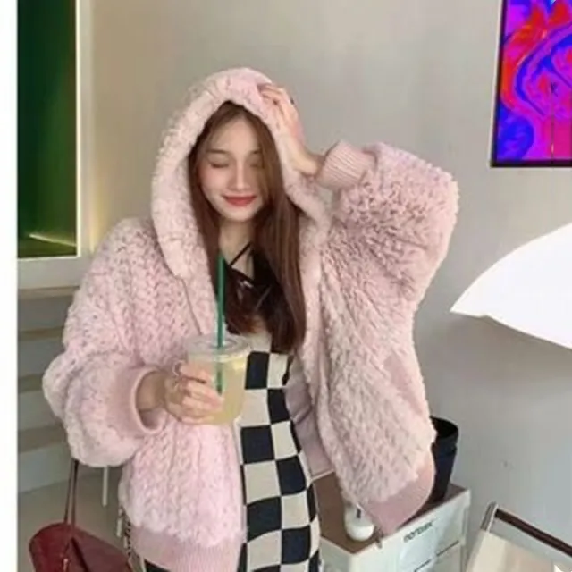 New Style Otter Rabbit Hair Woven Women's Cashmere Coat Pink Plus Cotton Thickening - Shop at LoveMi