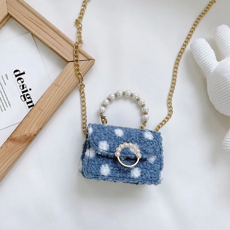 Lamb Hair Wave Point Child Girl Pearl Bag - Blue