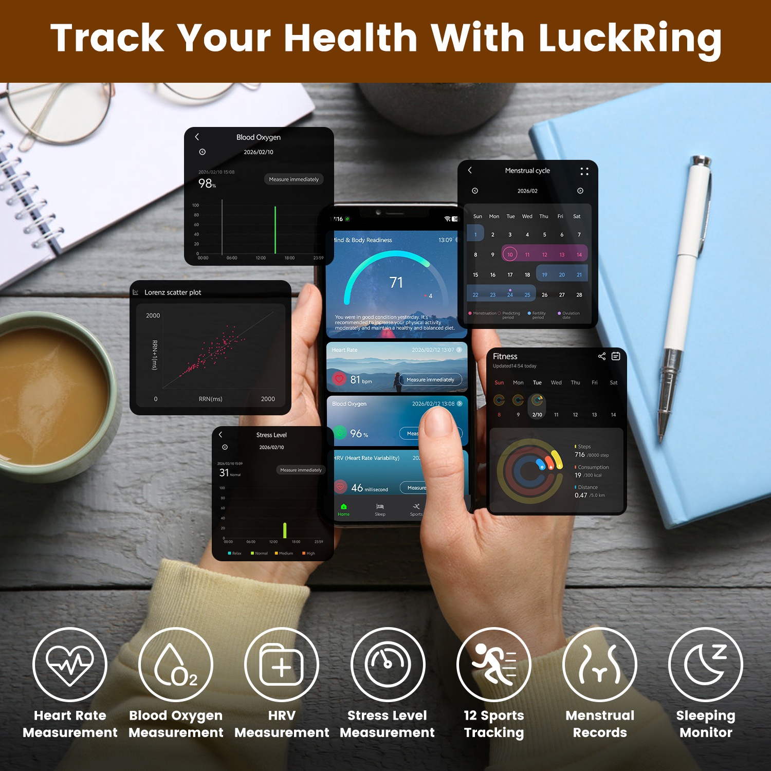 Smart Ring Health Tracker Fitness Sleep Stress HRV Tracker With Charging Case Magnetic Charging Cable For Women & Men Compatible With IOS & Android 7-Day Battery Life Size 7 Size 8 Size9 Size10