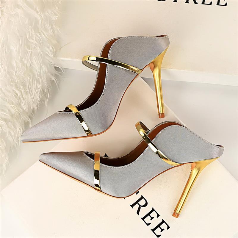 Women's Stiletto Single Shoes Back Empty Sandals Grey - Shop at LoveMi