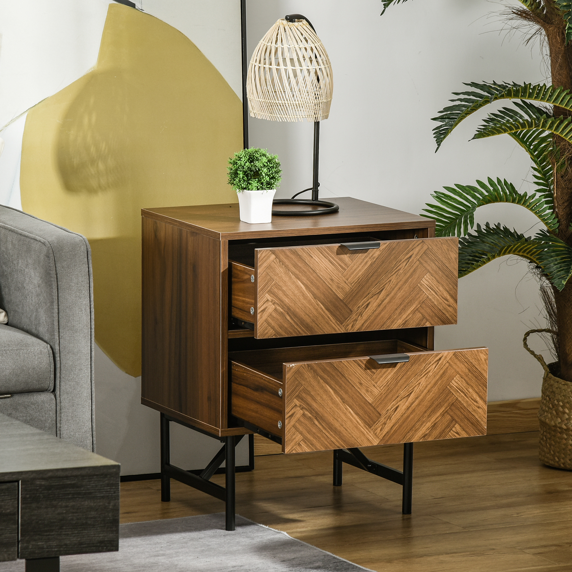 Bedside Table With Two Drawers, Side Cabinet Storage Unit Metal Handles — image 6