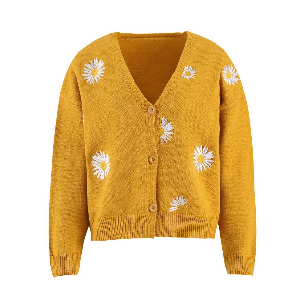 Women's Single Breasted Sweater Chrysanthemum Embroidered Cardigans Coat Clothes Yellow - Shop at LoveMi