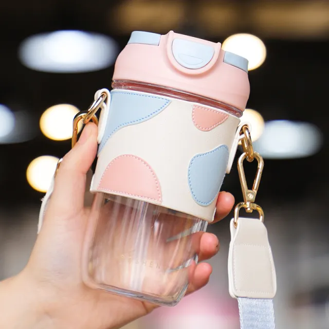 Creative Light And Luxurious Small Fragrant Double Drinking Plastic Straw Cup Leather Cover Pink - Shop at LoveMi
