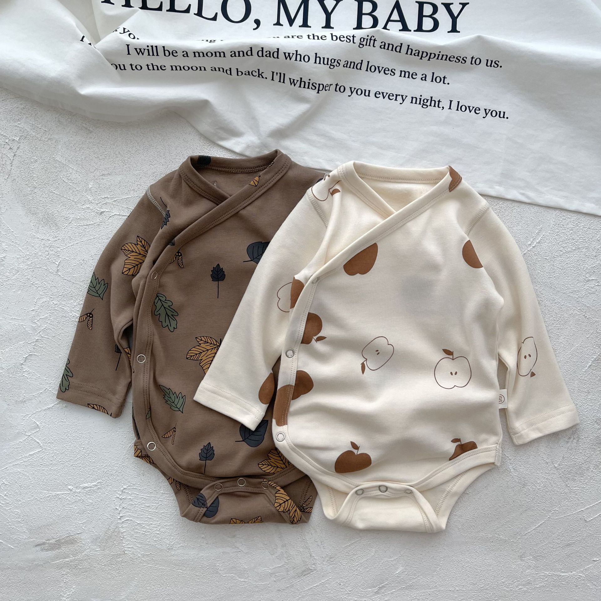 Printed Apple Leaf Placket Long-sleeve Jumpsuit Male And Female Baby Adjustable Buckle Romper