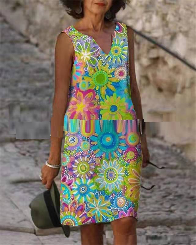 Title 4, New Summer Sleeveless Vest V-neck Printed Dress