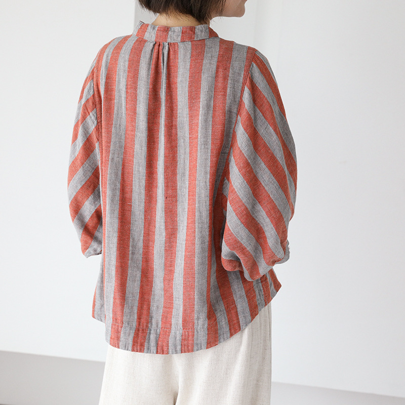 Ladies  Button Vertical Stripes Loose Short Sleeve Shirt