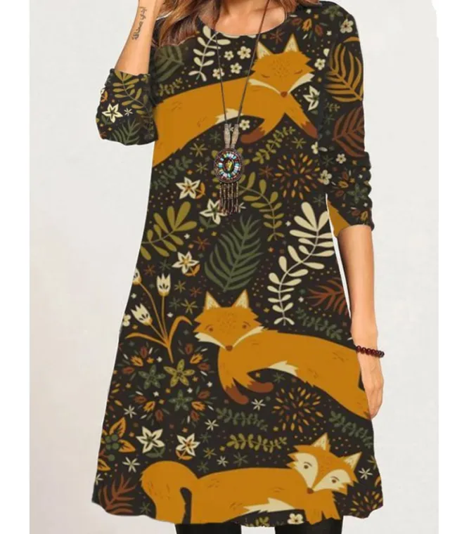 Women's Christmas Positioning Printing Long sleeved Round Neck Dress Fox Print - Shop at LoveMi